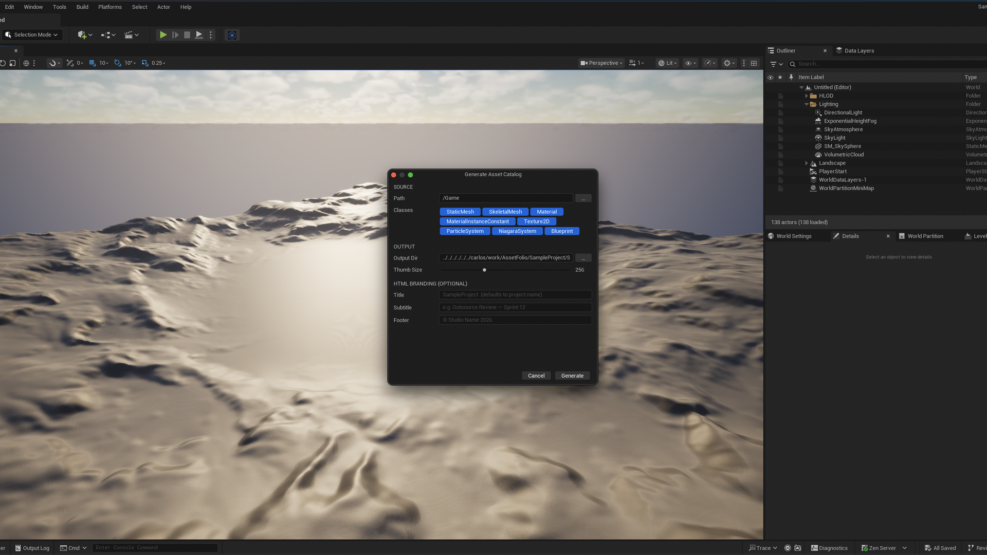 The AssetFolio generator dialog showing content path, class filters, thumb size and branding fields.
