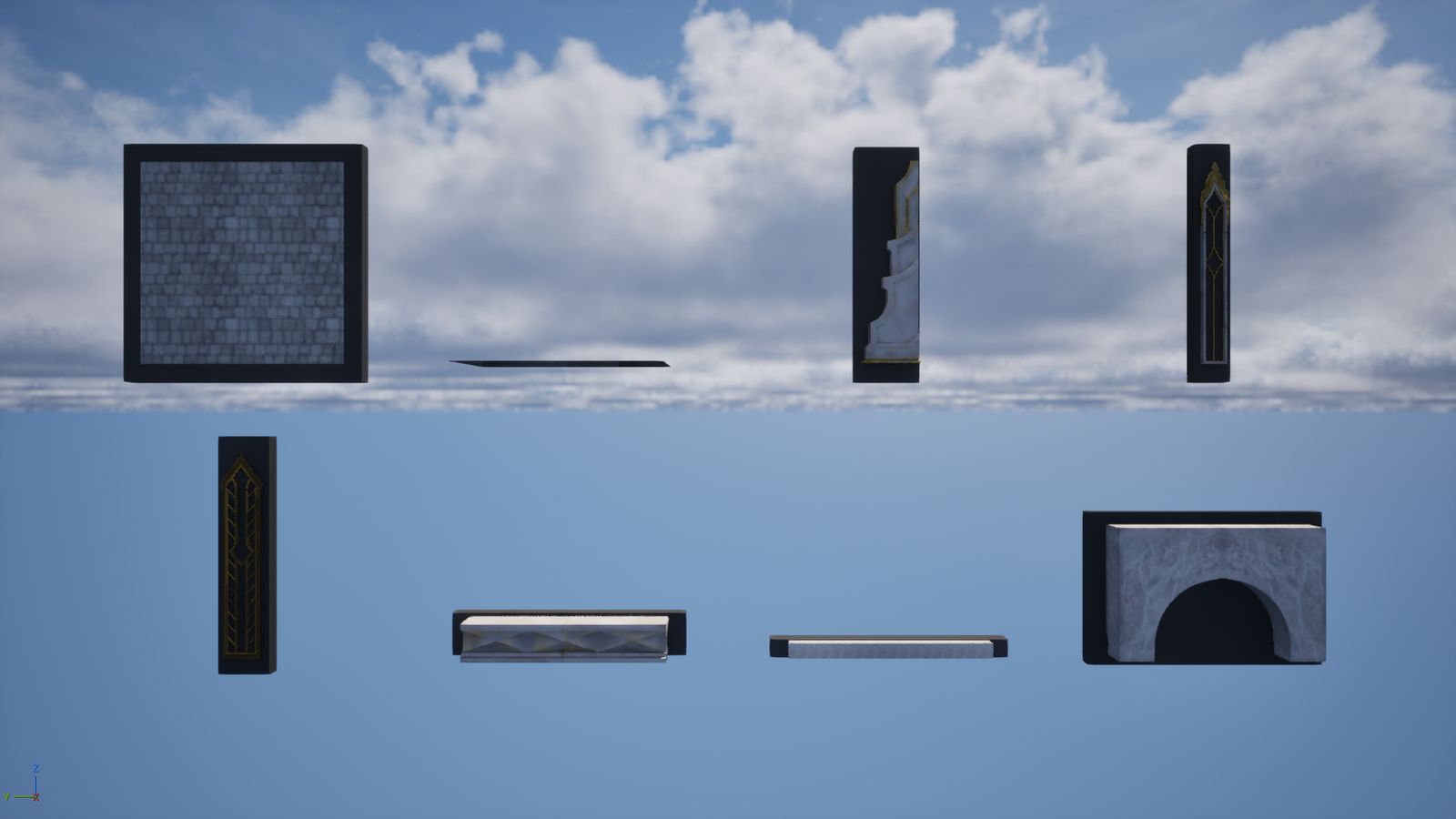 Eight castle parts standing in two rows against grey slabs under a blue sky