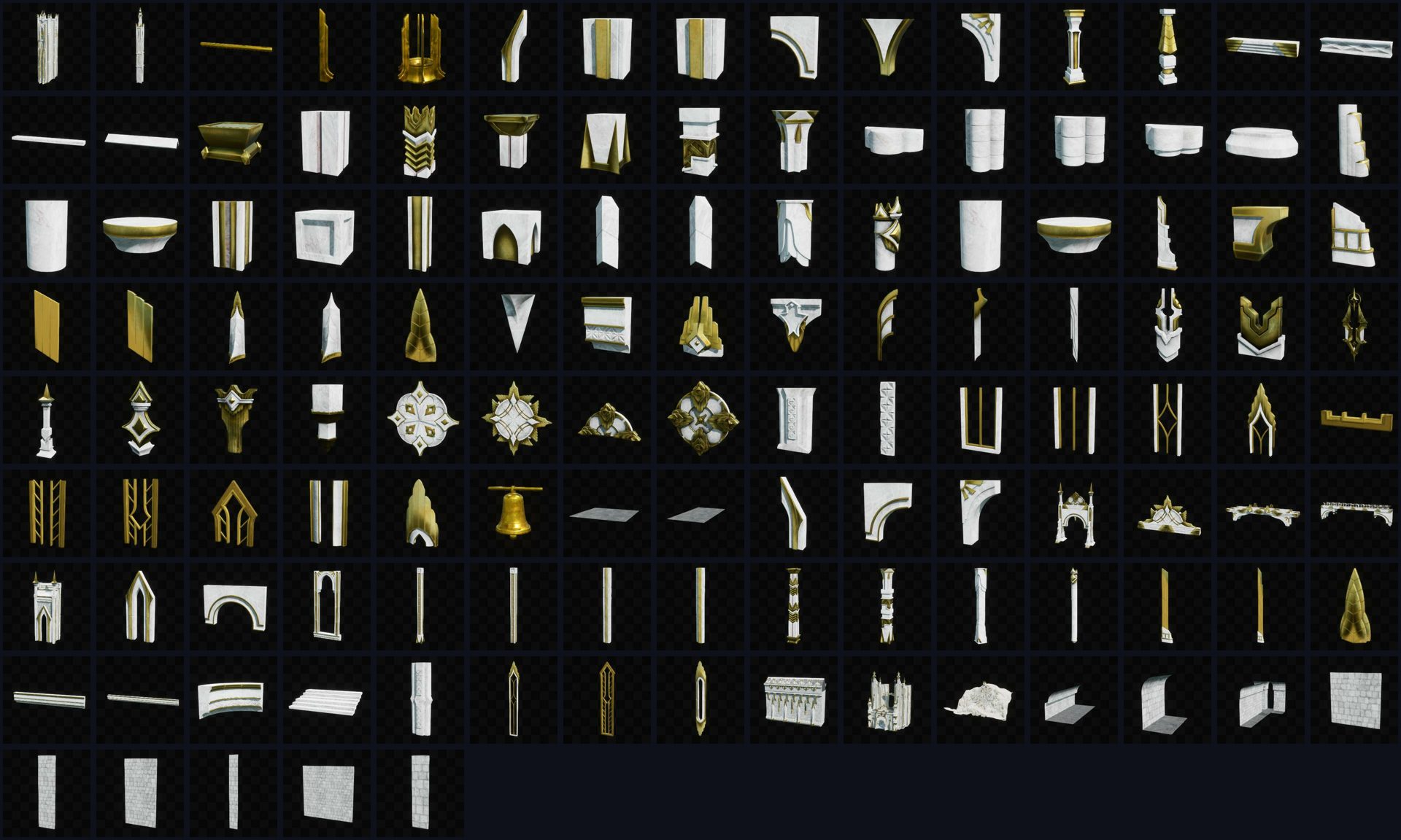 125 White Castle meshes photographed as thumbnails on a dark grid