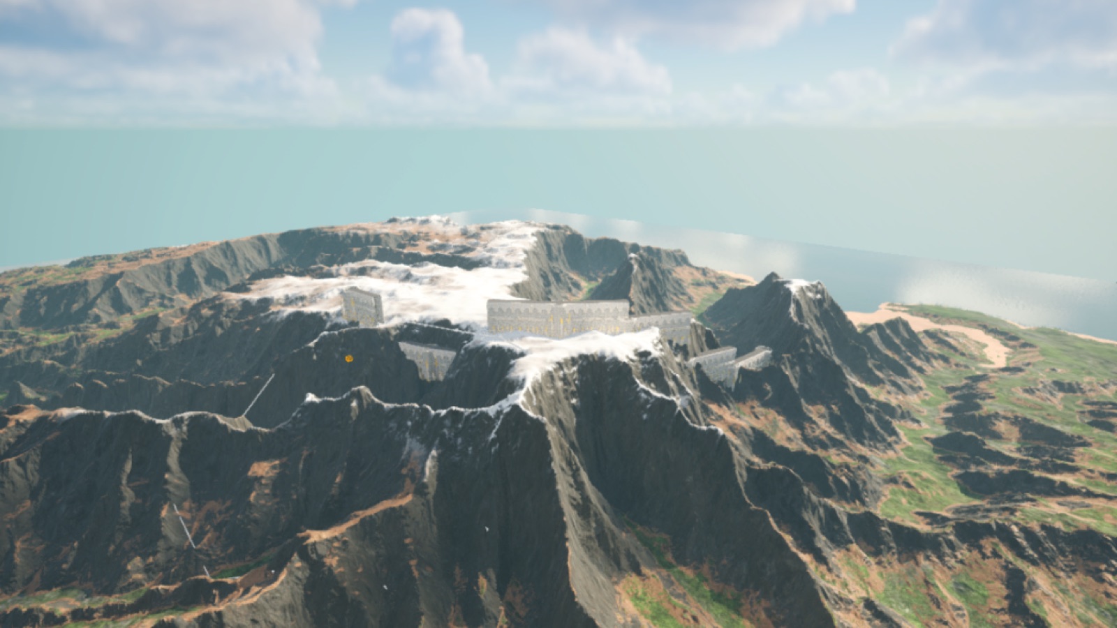 White castle wall pieces with towers laid along a snowy mountain ridge above a green coastline